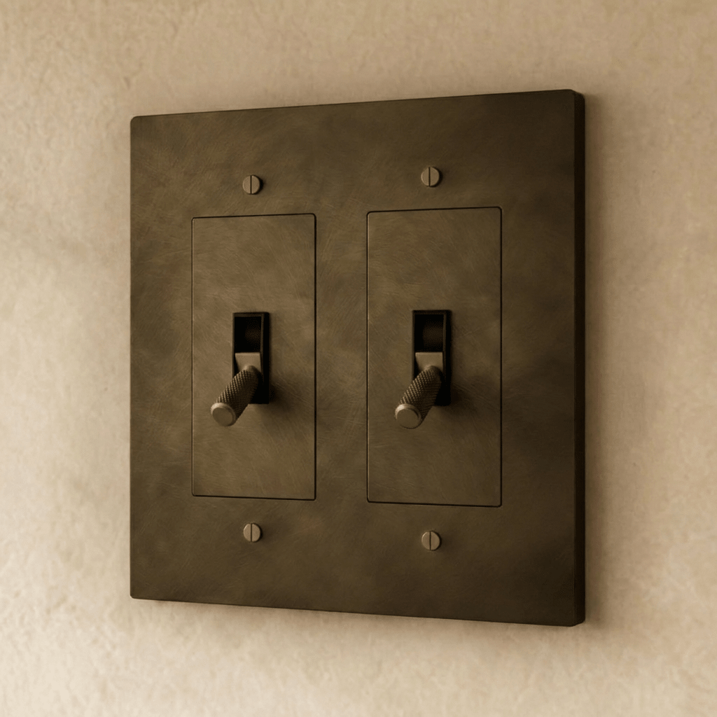 Brass toggle switch for 1 to 5 gang electrical control, Residence Supply brand, with metal toggle and mounting plate.