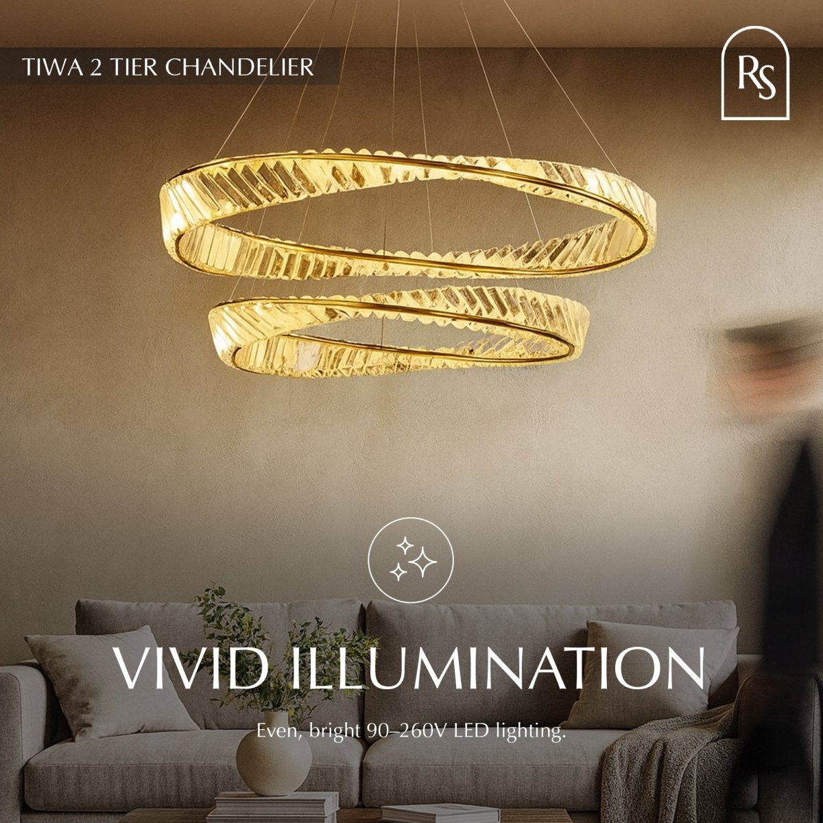 Elegant Tiwa 2-Tier Chandelier with multiple glass shades and metal frame, hanging fixture for living or dining rooms.