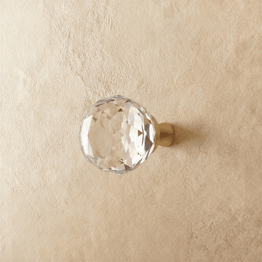 Vara Crystal Knob from Residence Supply, clear glass cabinet hardware knob with faceted design, suitable for furniture and cabinetry.