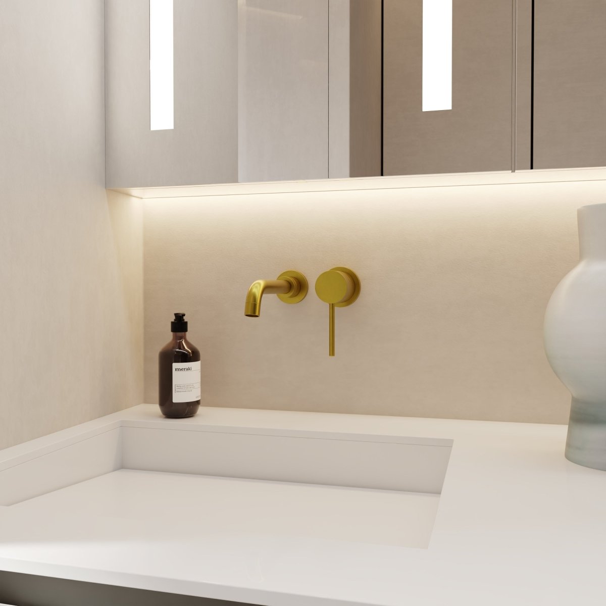 Vartay bathroom faucet by Residence Supply, chrome finish, modern design, mounted on white bathroom sink.