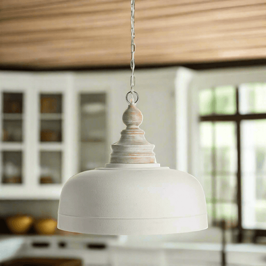 Vintage Farmhouse White Dome Pendant Light with Wood Finial - Nuvé