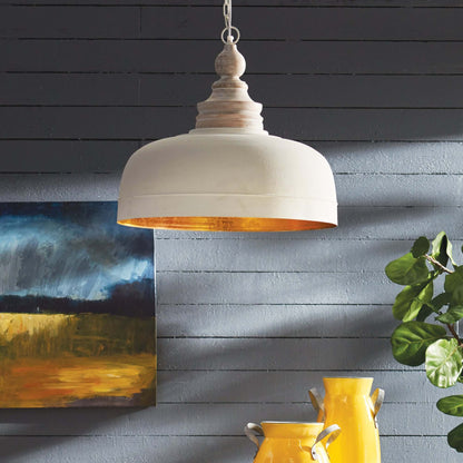 Vintage Farmhouse White Dome Pendant Light with Wood Finial - Nuvé