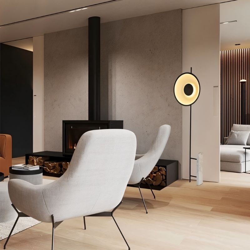 Modern Xyloft Floor Lamp by Residence Supply with a sleek halo-shaped design and a clean, contemporary style in a living space.